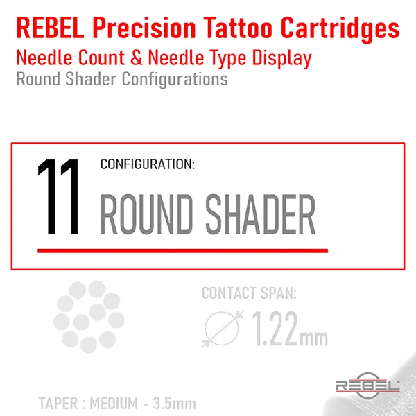 REBEL precision cartridge label showing needle count and round shader configuration name