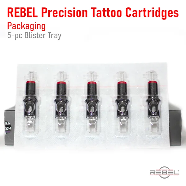 REBEL Precision Cartridges five-piece blister tray packaging displaying individually sealed tattoo cartridges.