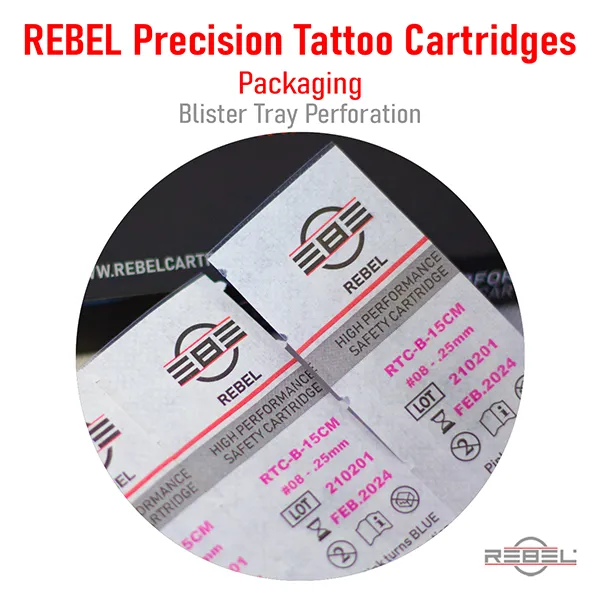 REBEL Precision Cartridges packaging showing blister tray perforation for individual sterile cartridge removal.