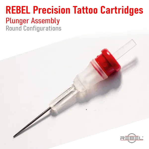 REBEL Precision Cartridges round configuration plunger assembly with needle and silicone membrane.