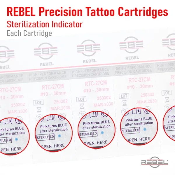 REBEL Precision Cartridges individual sterilization indicator showing blue color proof on each cartridge.