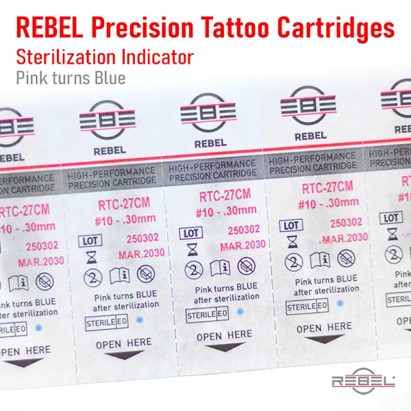 REBEL Precision Cartridges sterilization indicator showing pink turns blue after sterilization.