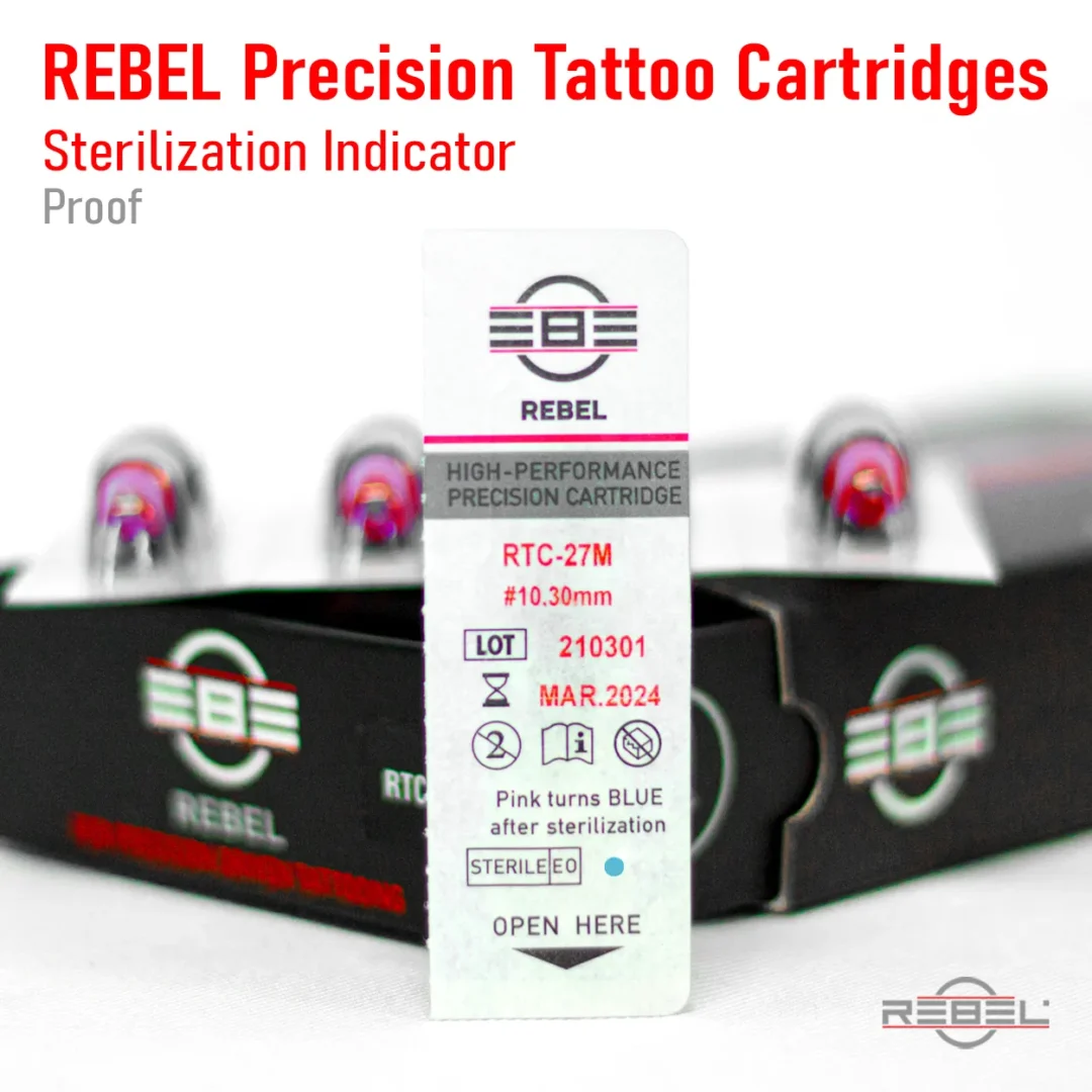 REBEL Precision Cartridges single pack showing sterilization proof label with pink-to-blue indicator.