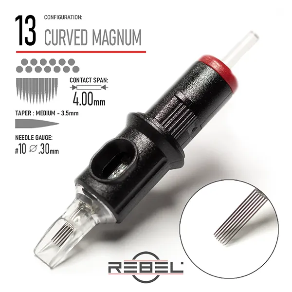 REBEL Precision 13 Curved Magnum Tattoo Cartridge – Contact Span 4.00mm, Medium Taper 3.5mm, Gauge #10 (0.30mm)