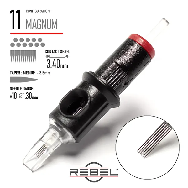REBEL Precision 11 Magnum Tattoo Cartridge – Contact Span 3.40mm, Medium Taper 3.5mm, Gauge #10 (0.30mm)