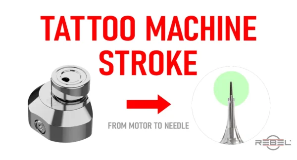Tattoo machine stroke from motor to needle showing motion translation and active span in rotary tattoo machine