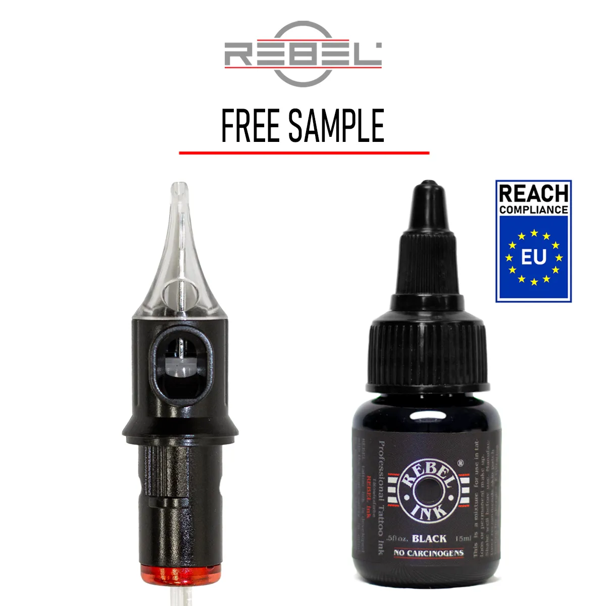 Free tattoo ink and cartridge samples from REBEL, featuring REACH-certified REBEL Black Ink 0.5oz bottle and precision tattoo cartridge