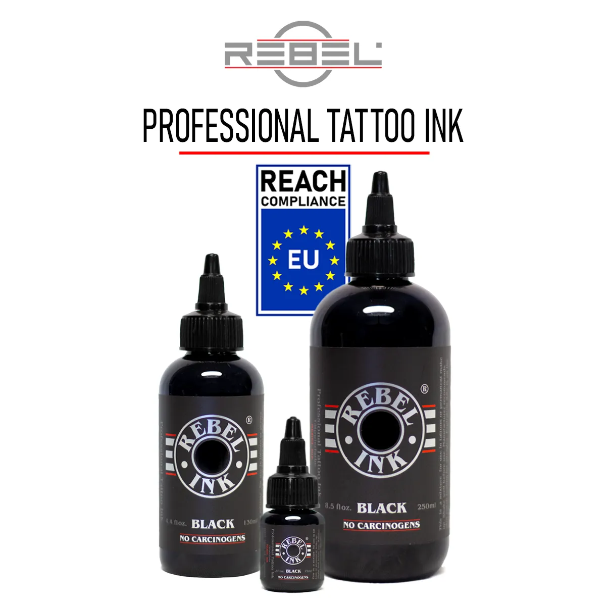REBEL Professional Tattoo Ink REACH Compliant EU Certified Black Ink Bottles