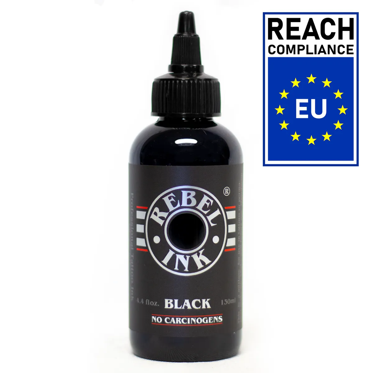 REBEL Black Tattoo Ink 4,4oz bottle with REACH EU compliant badge, no carcinogen formula for safe professional tattooing