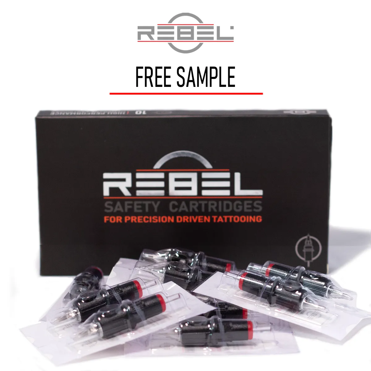 FREE SAMPLE REBEL precision tattoo cartridges 10pc variety pack with retail box and cartridge display