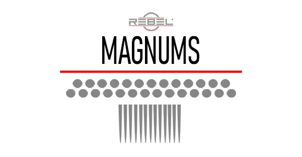 REBEL Magnum tattoo needle configuration showing staggered two-row flat layout with usable corners