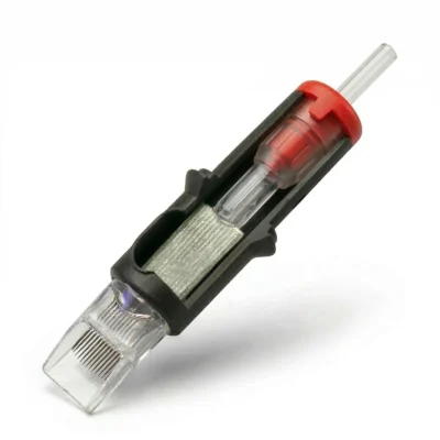 REBEL Precision Curved Magnum Tattoo Cartridge cutaway showing plunger assembly, silicone membrane, and stainless steel needle configuration