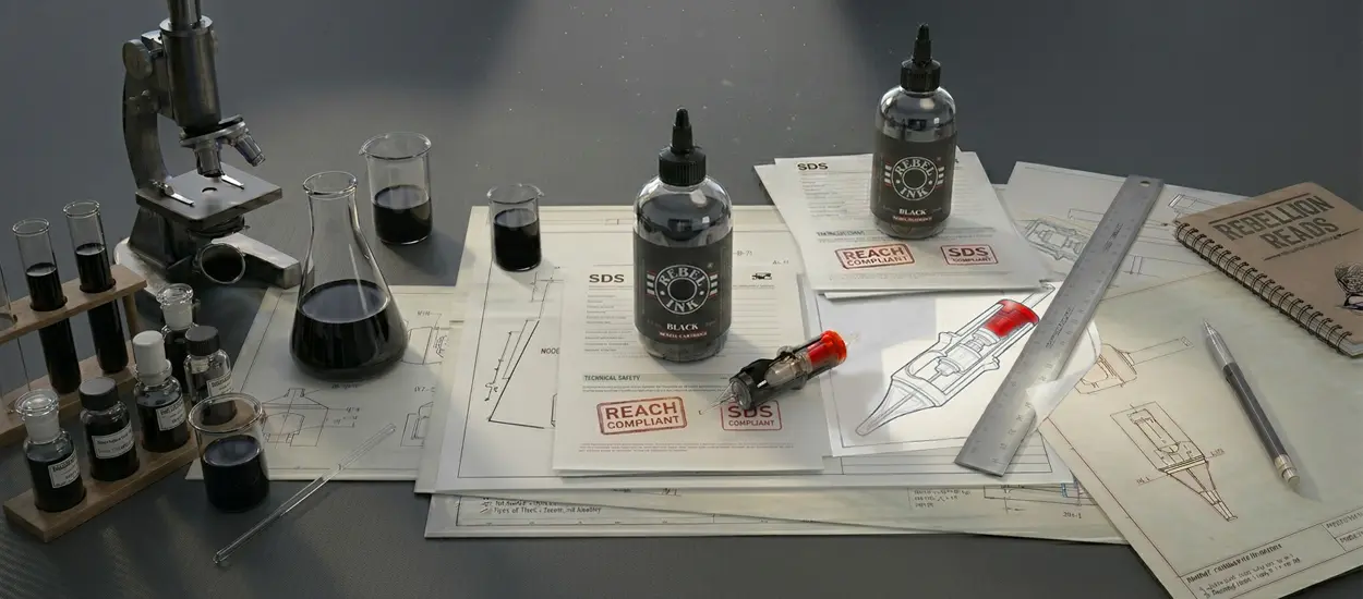 REBEL tattoo artist blog workspace with ink, cartridge, and design development process