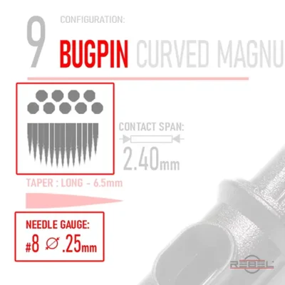 REBEL 9 Bugpin curved magnum cartridge with #8 gauge and long 6.5mm taper, showing gauge consistency across different needle types