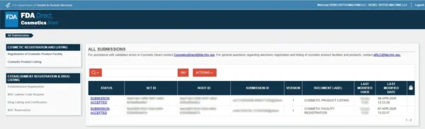 FDA MoCRA registration proof — REBEL cosmetic facility registration and product listing submission accepted