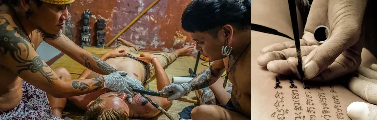 Traditional Southeast Asian hand poke tattooing on the floor contrasted with modern close-up tattoo needle hand poke.