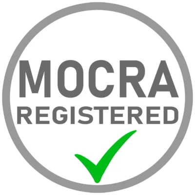 MoCRA registered cosmetic facility badge shown for REBEL Black tattoo ink compliance