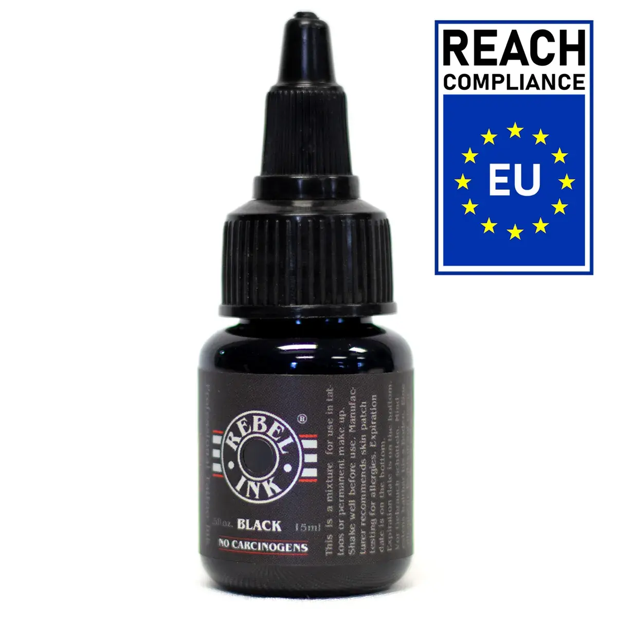 Side profile view of the 0.5oz REBEL Black Tattoo Ink bottle, “No Carcinogen” claim, and EU compliance label.