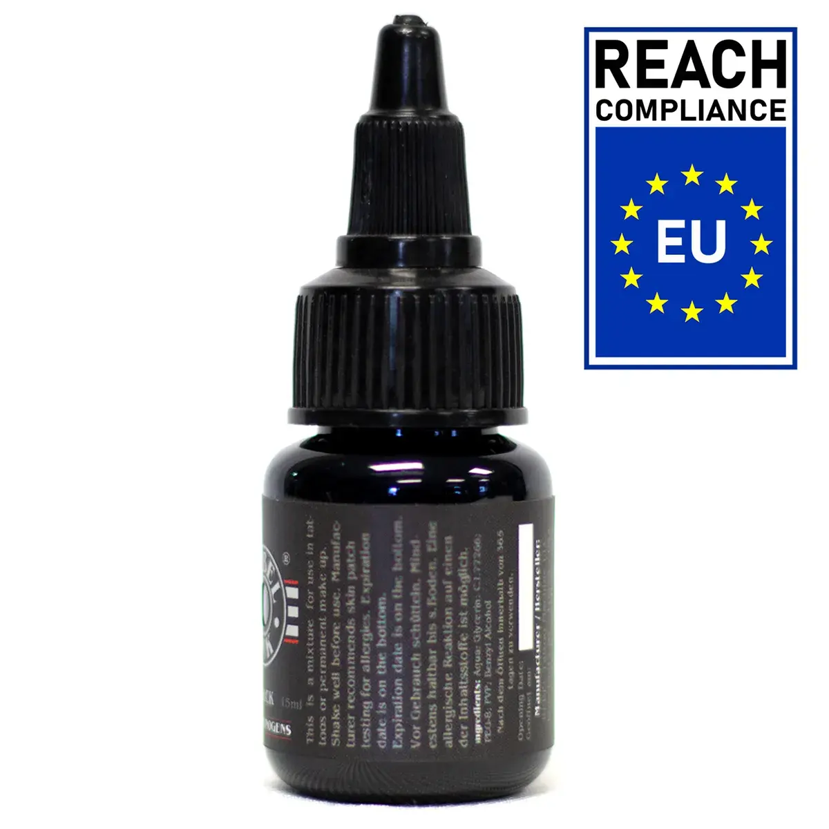 Back label of REBEL 0.5oz ink displaying EU compliant ingredients and REACH certification data