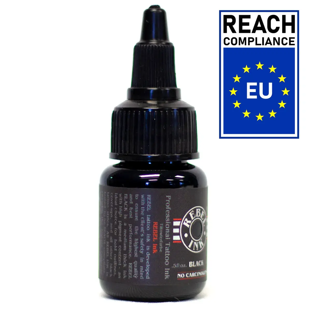 Front label of REBEL Black Tattoo Ink showing the No Carcinogens and Professional Performance markers.