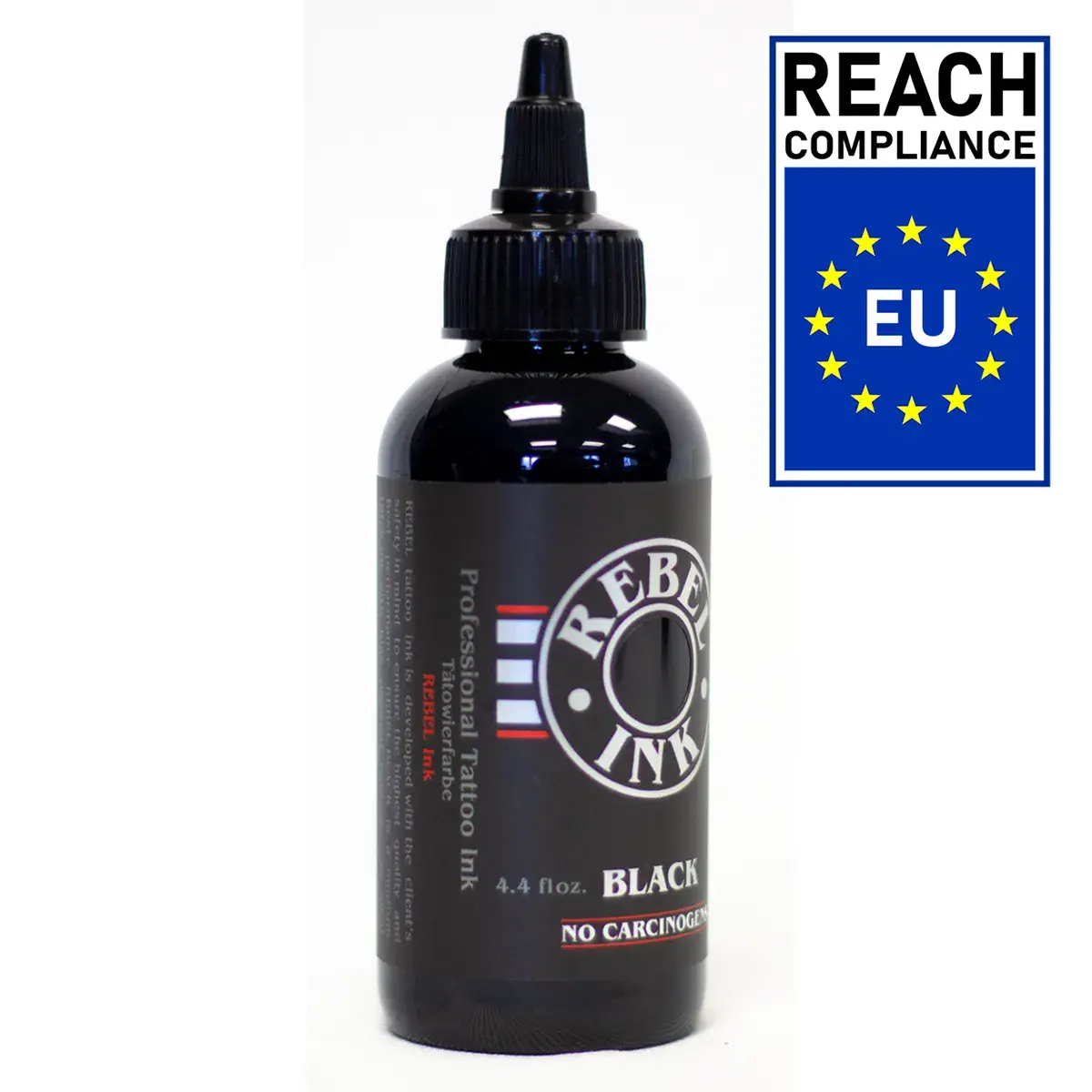 Front label of of 4.4 oz REBEL Black Professional Tattoo Ink bottle showing No Carcinogens claim and REACH Certified EU badge.