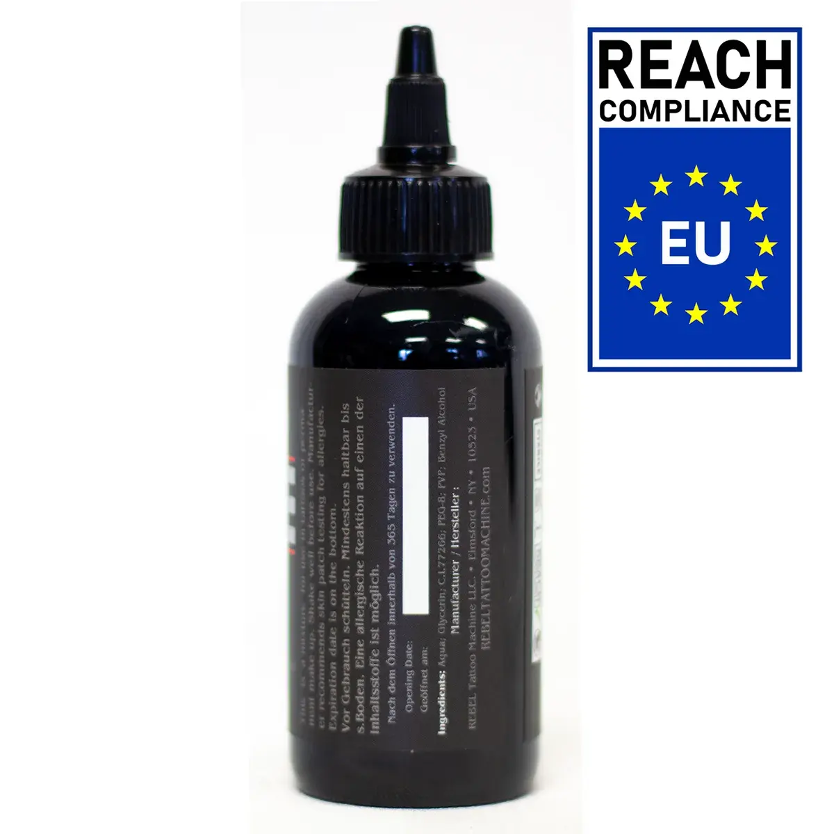 4.4 oz REBEL Black Professional Tattoo Ink bottle showing white label panel with ingredients and regulatory details.