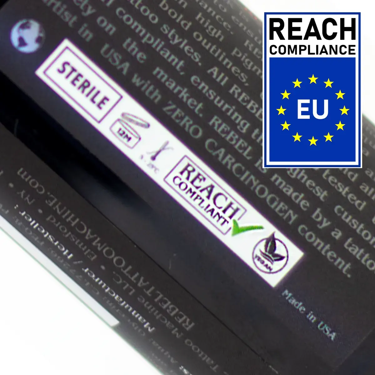 Close-up of 4.4 oz REBEL Black Tattoo Ink label showing REACH Compliant EU badge and Made in USA.