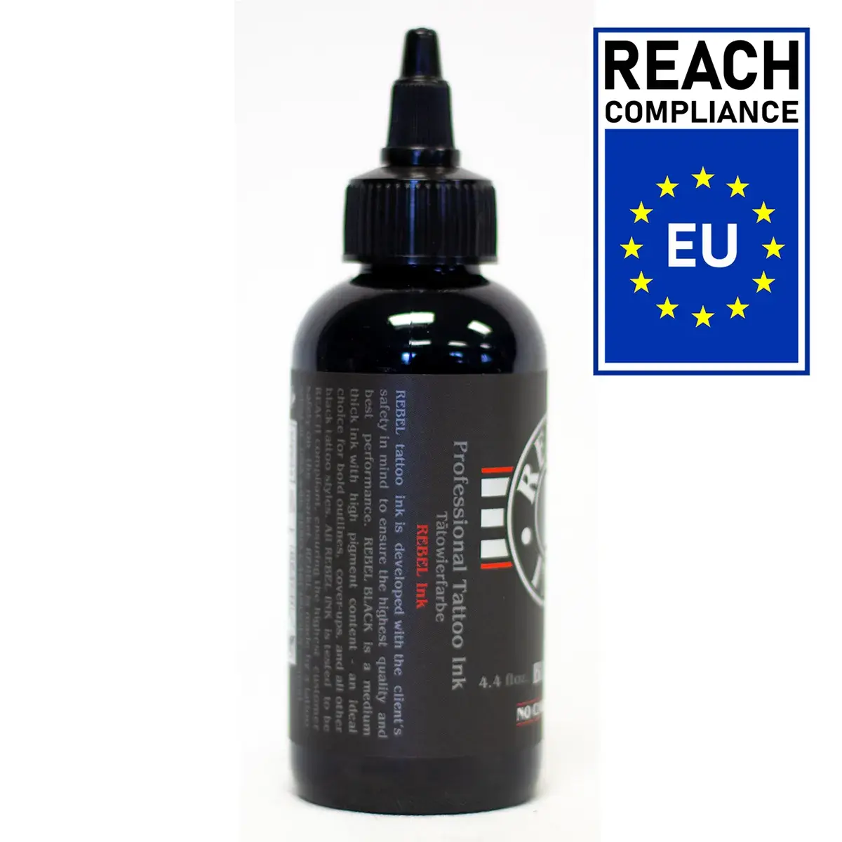 Product description of 4.4 oz REBEL Black Tattoo Ink bottle with “No Carcinogen” label and REACH Certified EU badge on white background.