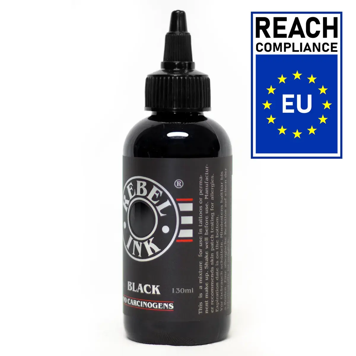 Side profile view of the 4.4oz REBEL Black Tattoo Ink bottle for professional studio scale. No Carcinogens claim, logo, and partial EU label info