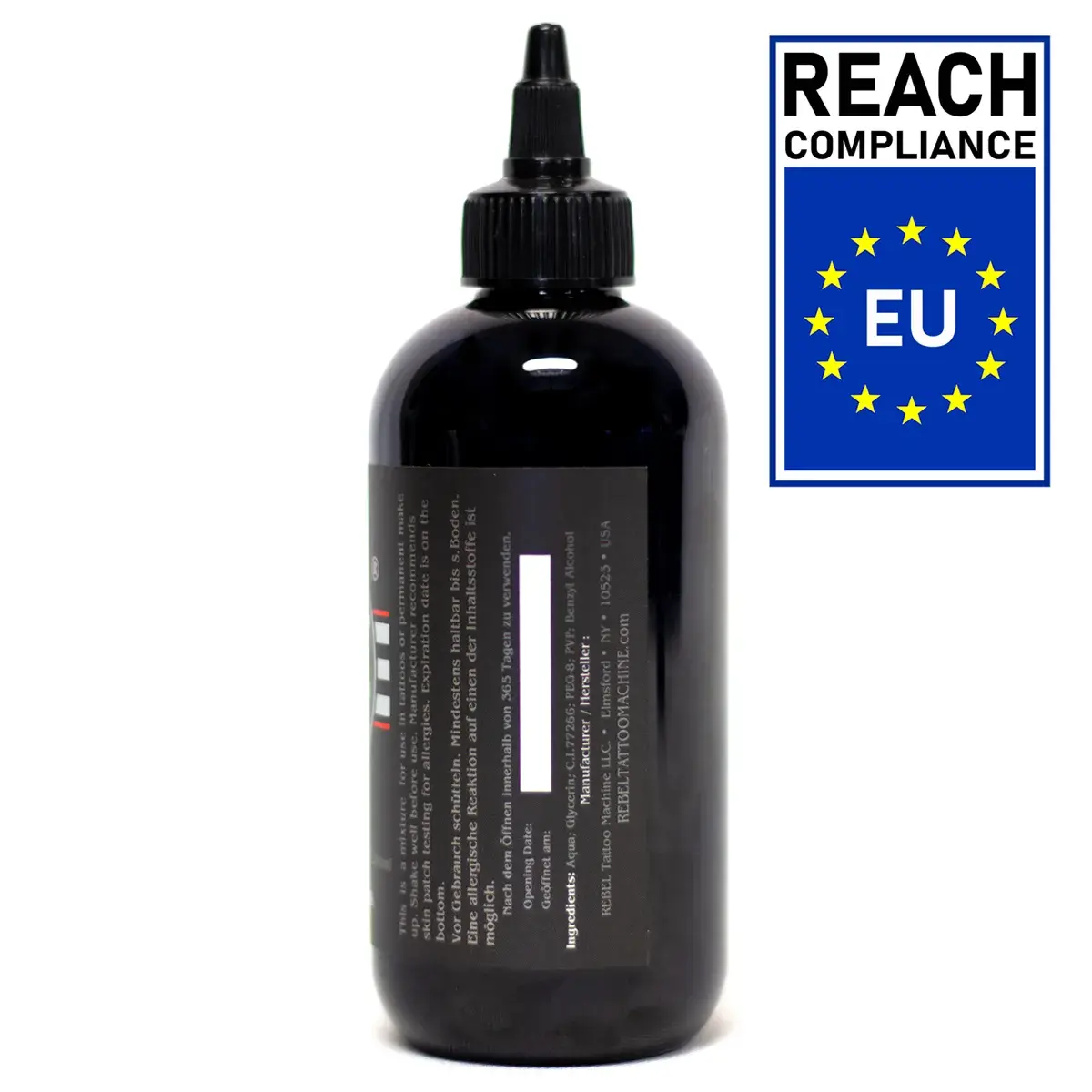 Full REACH compliant ingredients list and EU safety data for REBEL 8.5oz professional black ink.