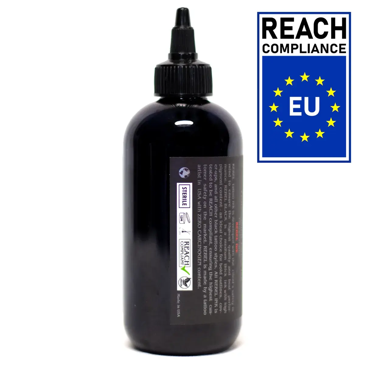 REBEL Black 8.5 oz (250ml) Professional Tattoo ink featuring the printed label with global distribution icon, Vegan, REACH COMPLIANT badge, and Made in USA
