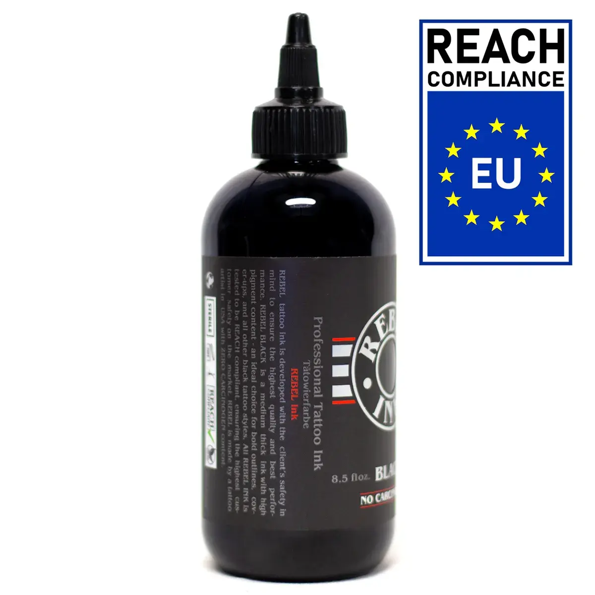 REBEL Black 8.5oz Tattoo Ink showing “Professional Tattoo Ink” and red REBEL INK branding along with description.