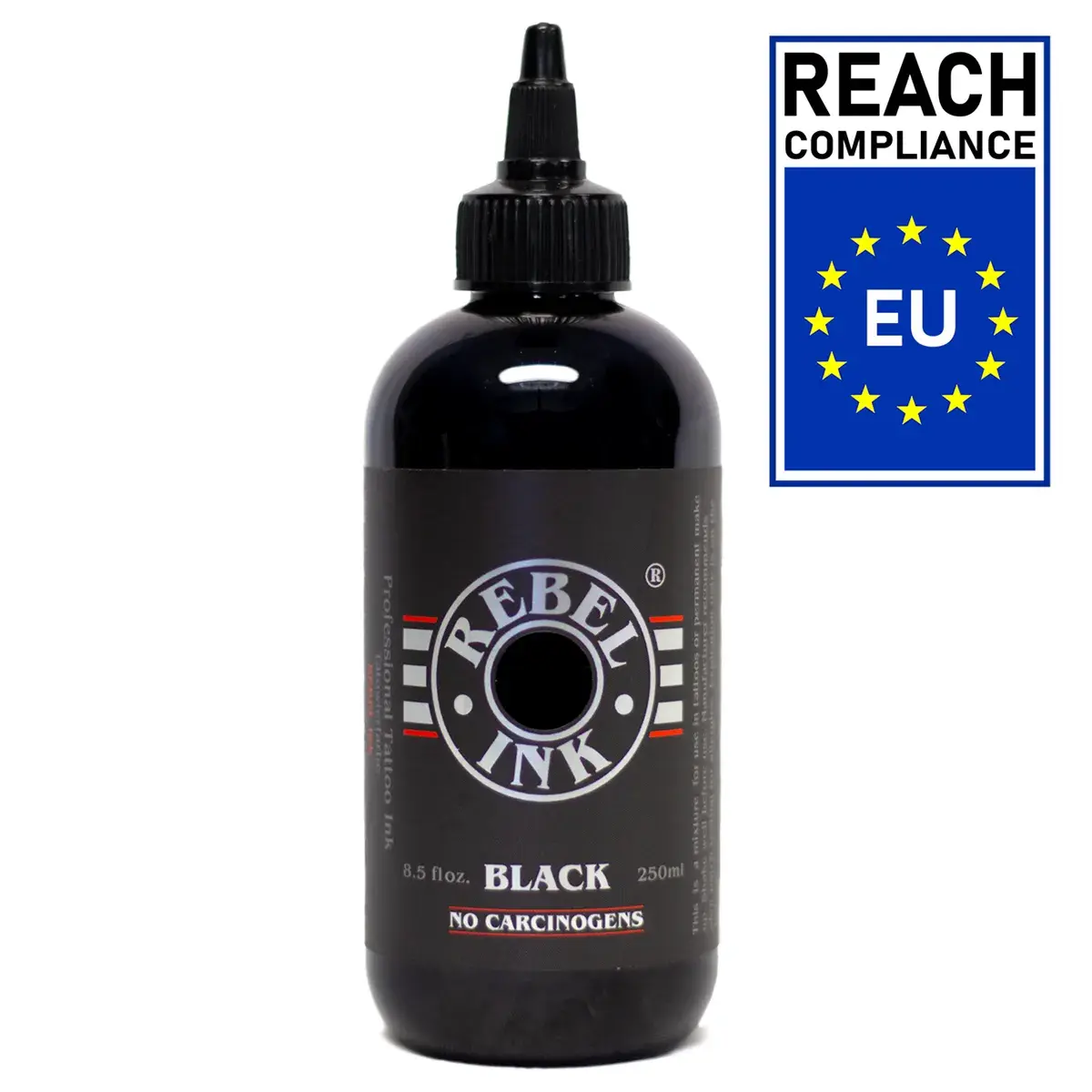 REBEL Black Tattoo Ink 8.5oz bottle with REACH EU compliant badge, no carcinogen formula for safe professional tattooing