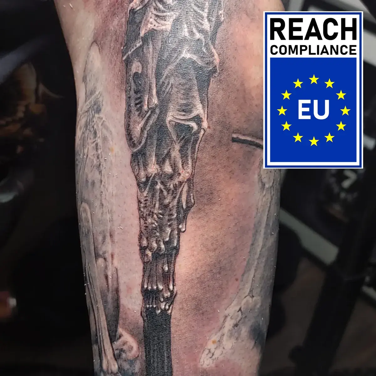 Detailed illustrative tattoo showcasing the full value spectrum of REBEL Black REACH compliant ink smooth gray-wash capability.