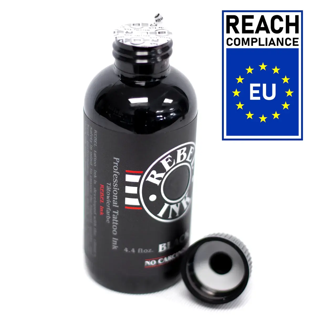 REBEL Black Professional 4.4 oz tattoo ink bottle with black twist-top closure, custom induction and pressure sealer, and REACH EU compliance badge.