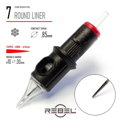 REBEL Precision 7 Round Liner Tattoo Cartridge – Contact Span 0.85mm, Long Taper 6.5mm, Gauge #10 (0.30mm)