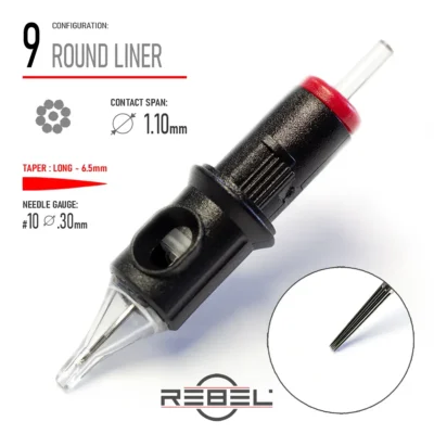REBEL Precision 9 Round Liner Tattoo Cartridge – Contact Span 1.10mm, Long Taper 6.5mm, Gauge #10 (0.30mm)