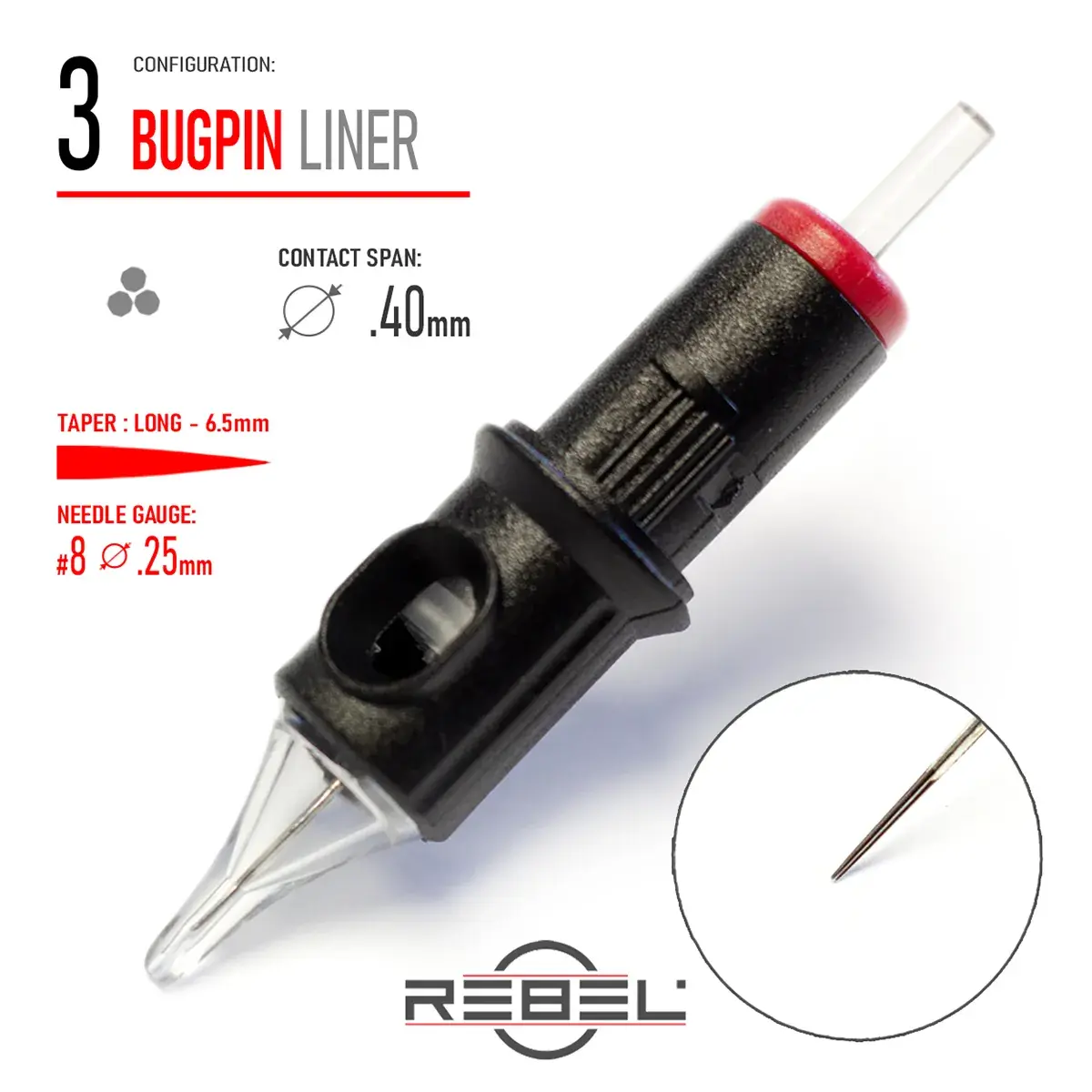 REBEL Precision Bugpin 3 Round Liner Tattoo Cartridge – Contact Span 0.40 mm, Long Taper 6.5 mm, Gauge #8 (0.25 mm)