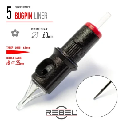 REBEL Precision Bugpin 5 Round Liner Tattoo Cartridge – Contact Span 0.60 mm, Long Taper 6.5 mm, Gauge #8 (0.25 mm)