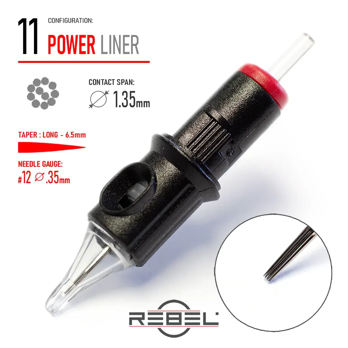 REBEL Precision 11 Power Liner Tattoo Cartridge – Contact Span 1.35mm, Long Taper 6.5mm, Gauge #12 (0.35mm)