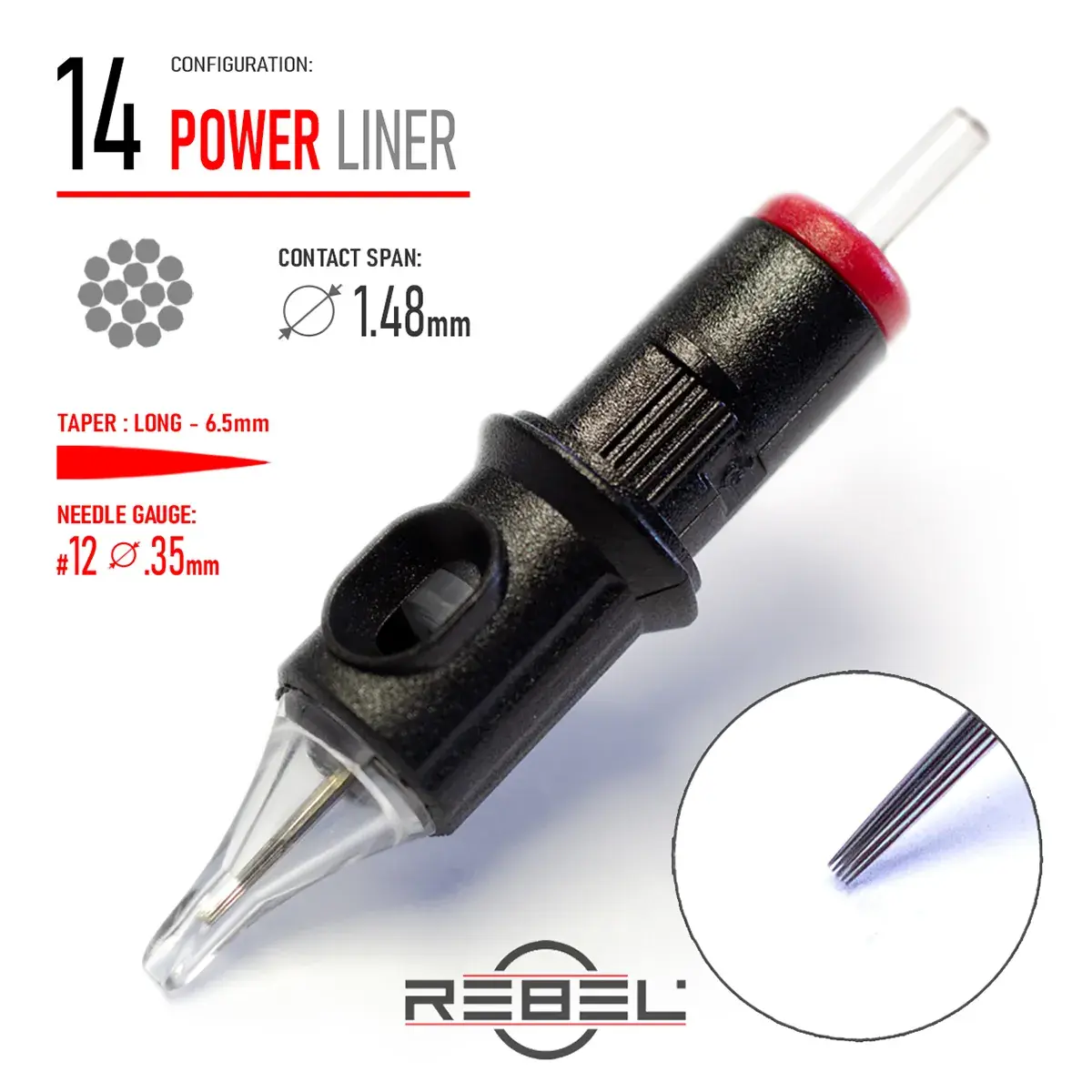 REBEL Precision 14 Power Liner Tattoo Cartridge – Contact Span 1.48mm, Long Taper 6.5mm, Gauge #12 (0.35mm)