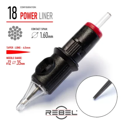 REBEL Precision 18 Power Liner Tattoo Cartridge – Contact Span 1.60mm, Long Taper 6.5mm, Gauge #12 (0.35mm)