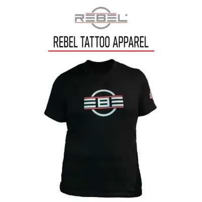 REBEL Tattoo Apparel category featuring black REBEL T-shirt with bold logo, representing professional tattoo clothing for artists and collectors.