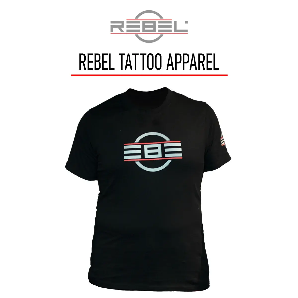 REBEL Tattoo Apparel category featuring black REBEL T-shirt with bold logo, representing professional tattoo clothing for artists and collectors.