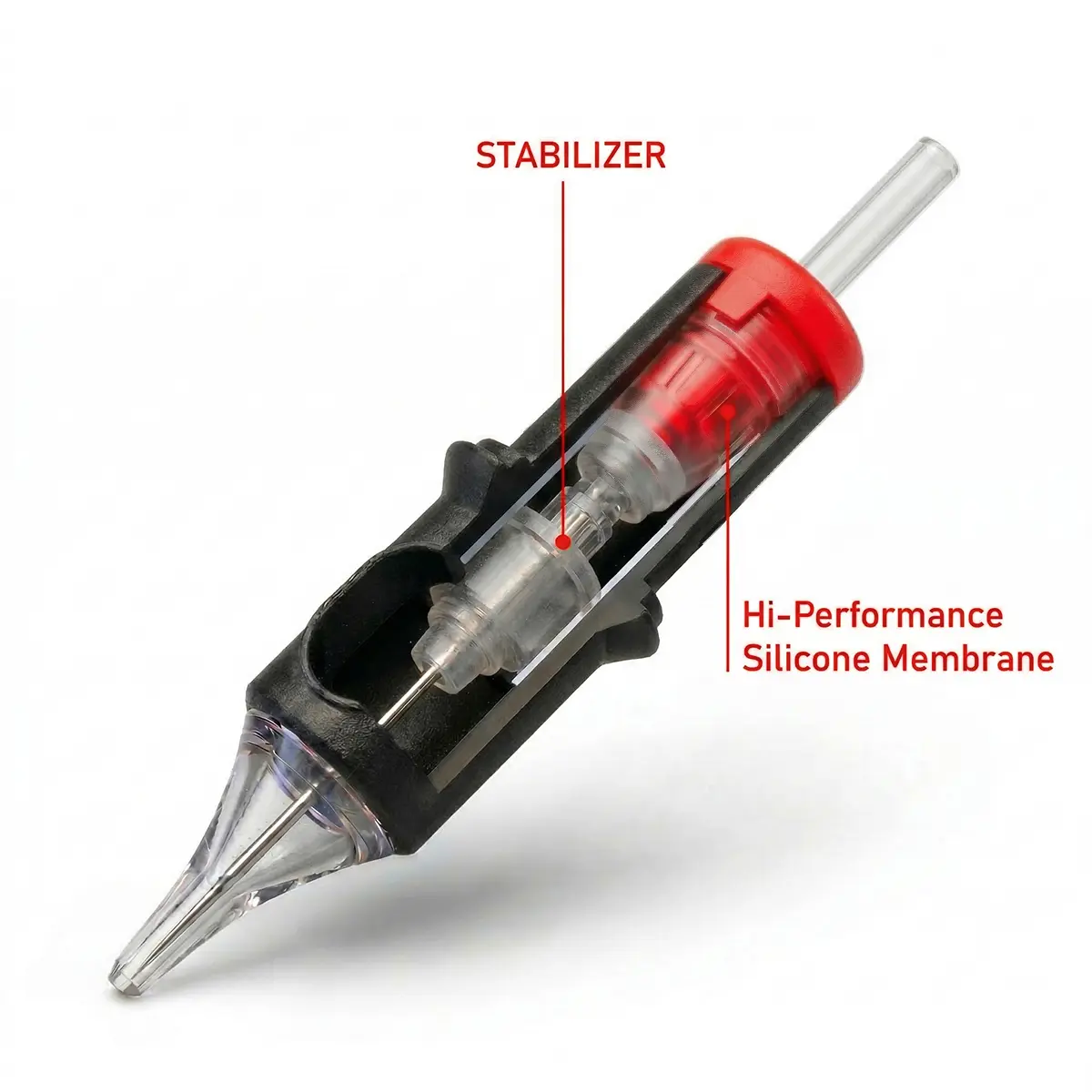 Cutaway of REBEL tattoo cartridge showing stabilizer and high-performance silicone membrane system
