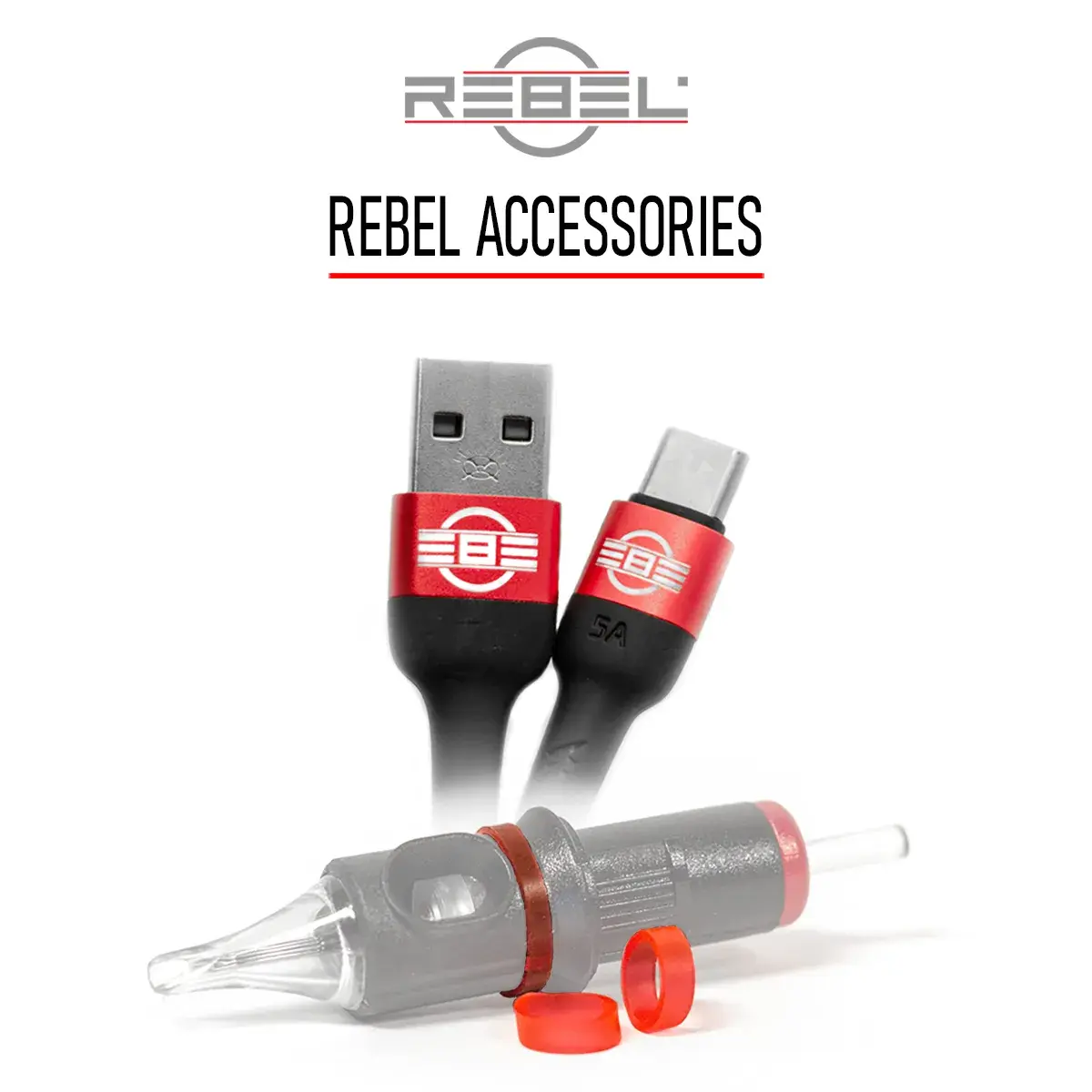 REBEL Tattoo Accessories category image showing branded USB-C charging cable and Band of REBEL cartridge ID rings, designed for professional tattoo setups.