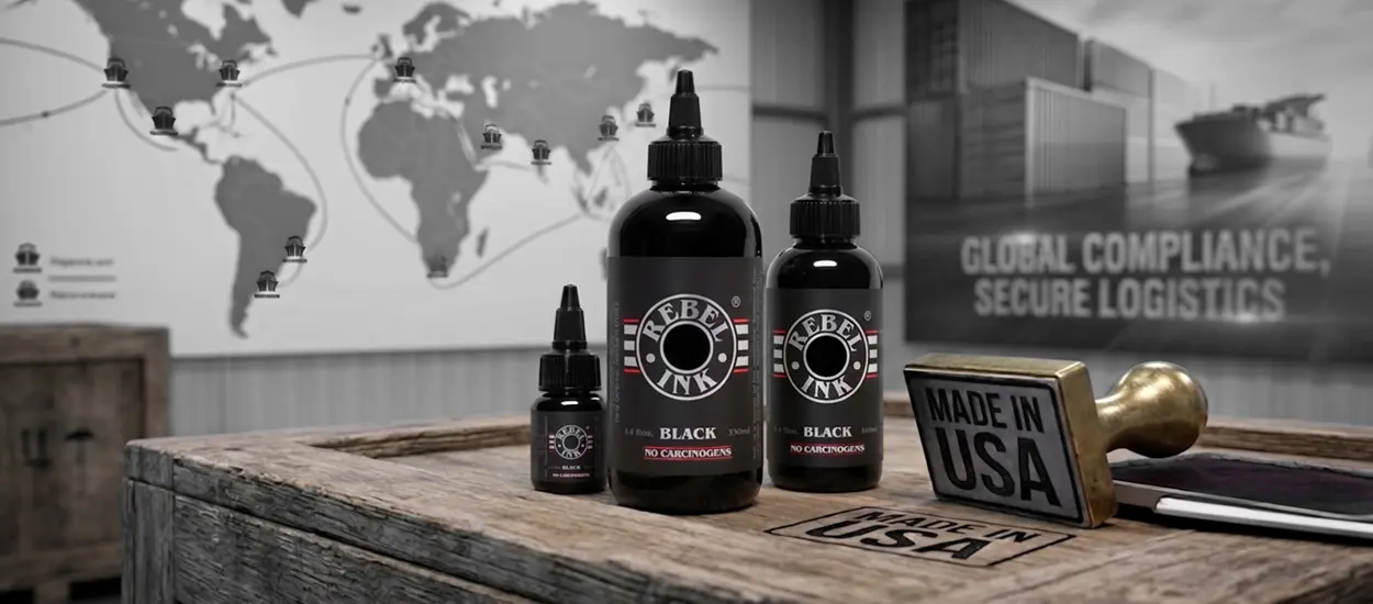 REBEL tattoo equipment global distribution network with Made in USA compliance and logistics background