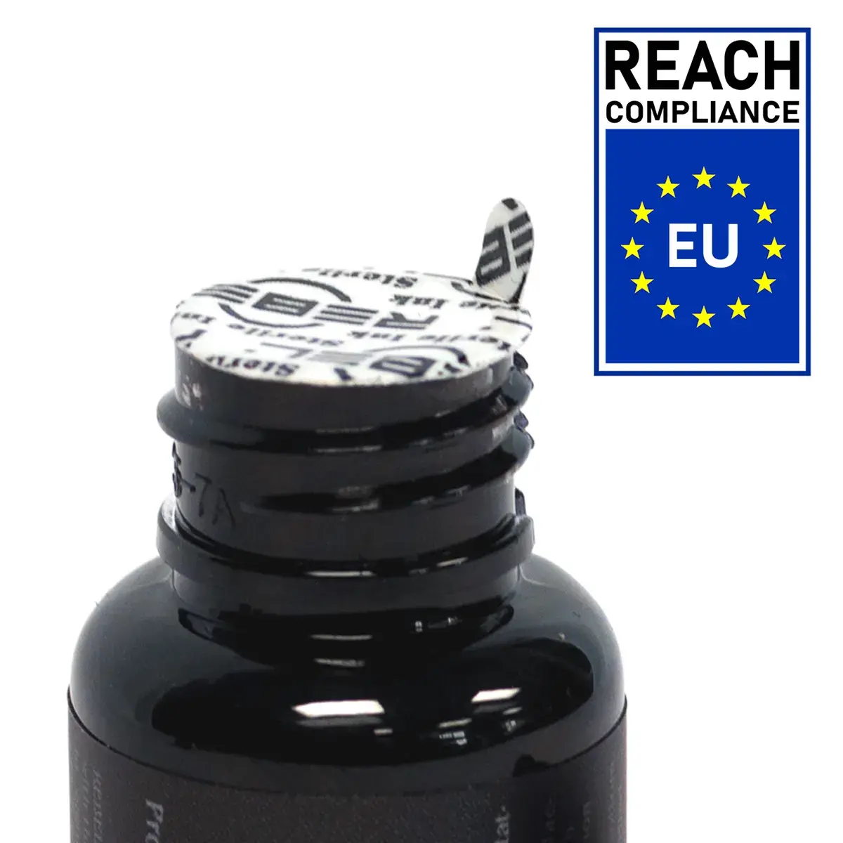 Close-up of the innovative REBEL pull-tab opening for our REACH certified professional ink bottles.