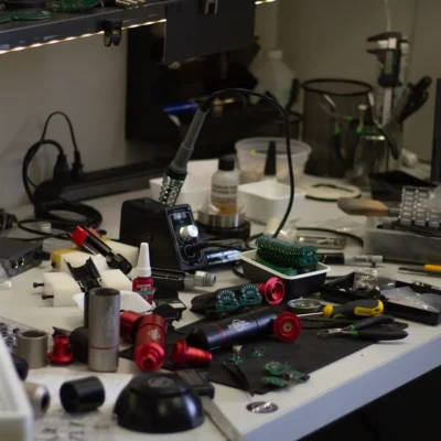 REBEL tattoo machine R&D workbench with components, electronics, and tools during prototype assembly