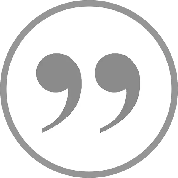 Gray quotation mark icon in a circle symbolizing REBEL tattoo testimonials